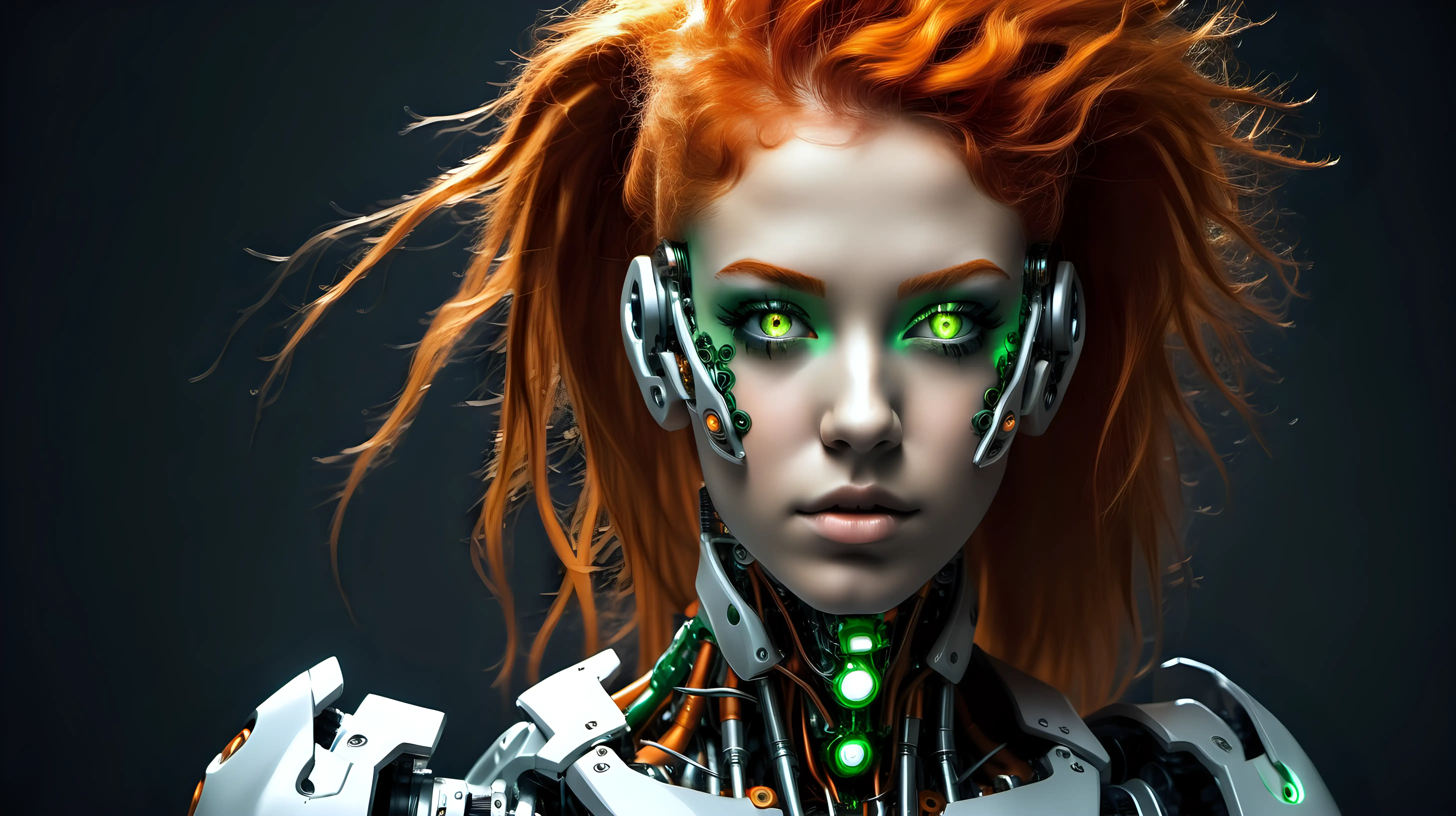 Cyborg woman, 18 years old. She has a cyborg face, but she is extremely beautiful. Orange wild hair, green eyes.