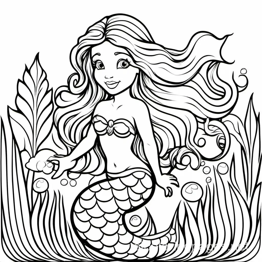 Mermaid for little kids, Coloring Page, black and white, line art, white background, Simplicity, Ample White Space. The background of the coloring page is plain white to make it easy for young children to color within the lines. The outlines of all the subjects are easy to distinguish, making it simple for kids to color without too much difficulty