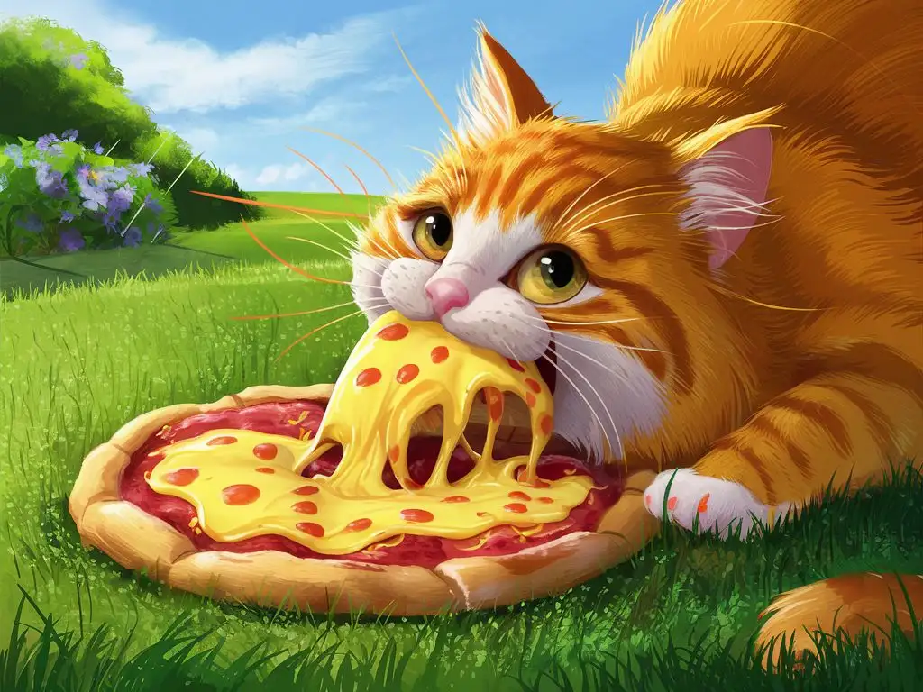 Ginger-Cat-Enjoying-Cheesy-Pizza-on-Green-Lawn