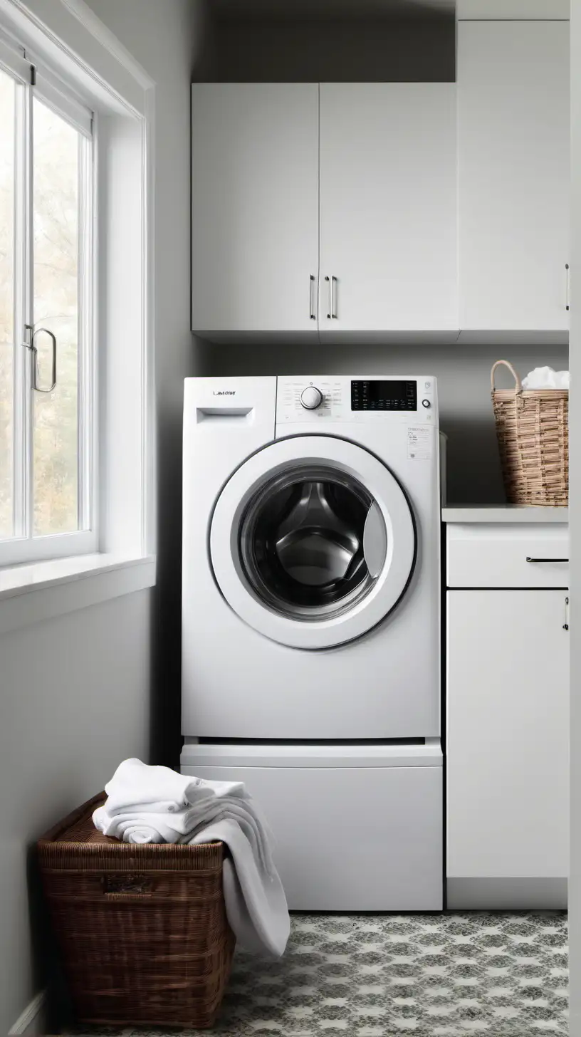 White Laundry Room with FrontFacing Washing Machine on Bench