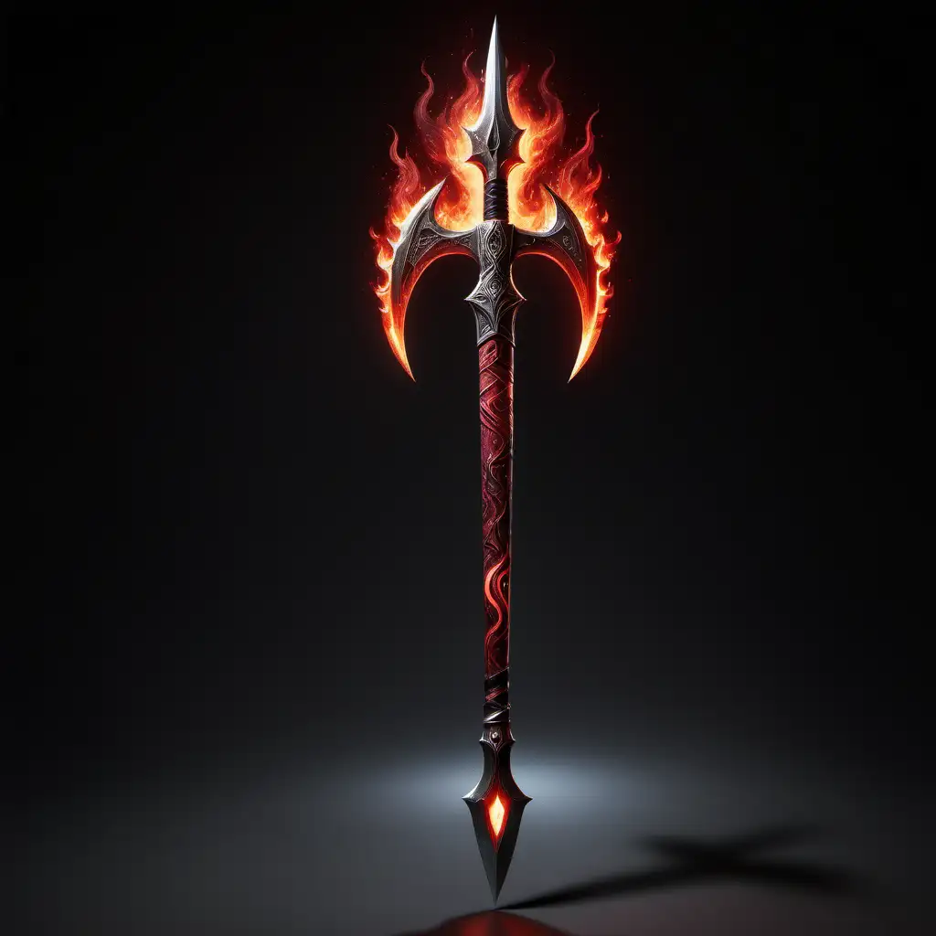 A luminous, two-handed double sided polearm with an extended shaft.  It has an axe at one end and a straight blade at the other.  It is carmine-colored with crimson flames erupting down its length.  A volcano and sun with silver veinings