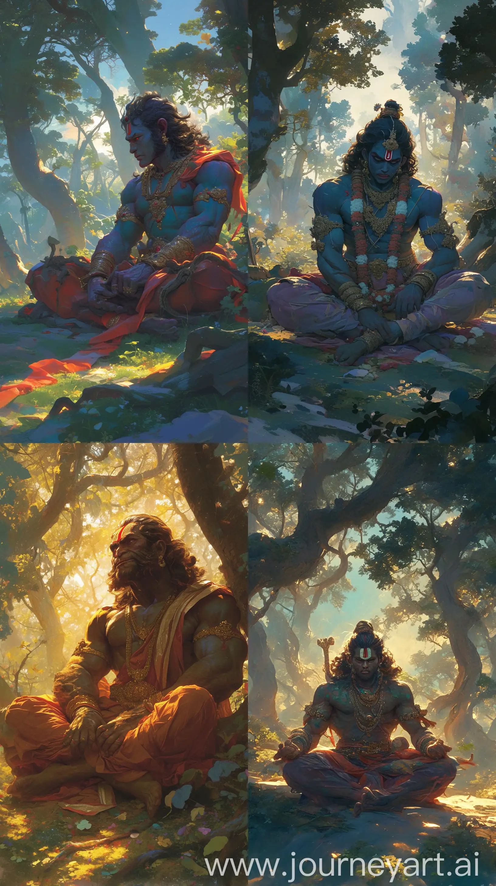 Lord Ram depicted with intricate details, seated on the ground amidst a forest background, ancient Hindu attire, angry look on his face, morning light filtering through trees, ethereal ambiance, traditional Indian art style --s 300 --ar 9:16 --niji 6