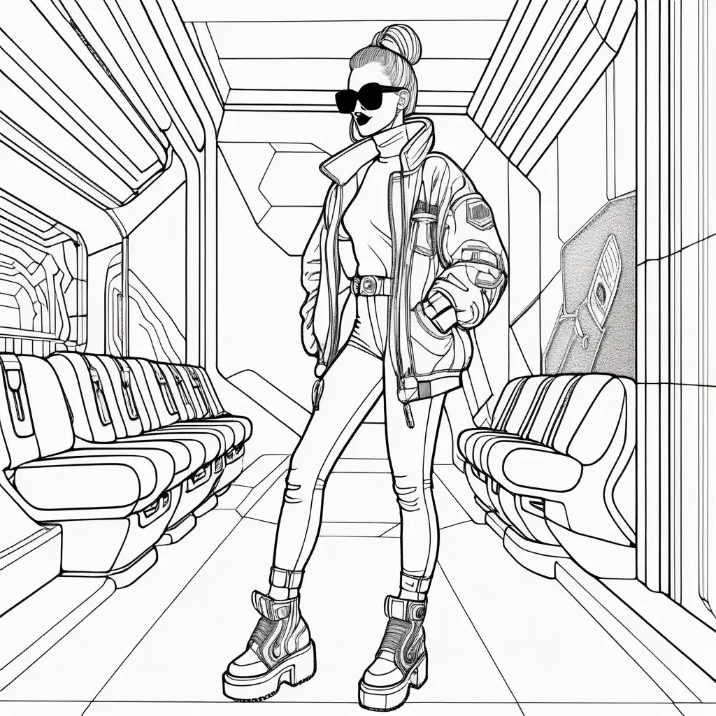 Coloring Page with a white interior with A futuristic cyberpunk outfit featuring a lady in metallic fabrics, oversized sunglasses, and chunky platform shoes, embracing the edgy and experimental fashion of the late '90s.