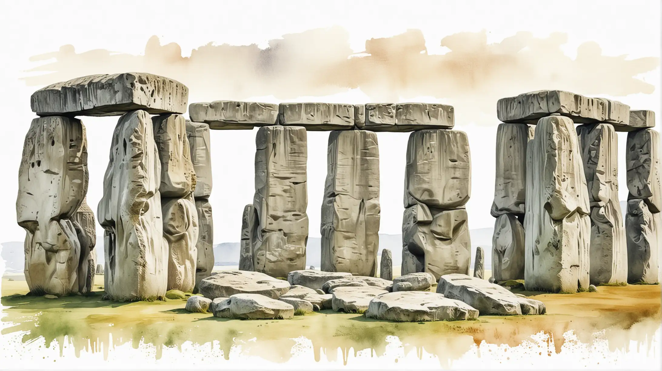 Watercolor Painting of Retro Style Stonehenge on White Background