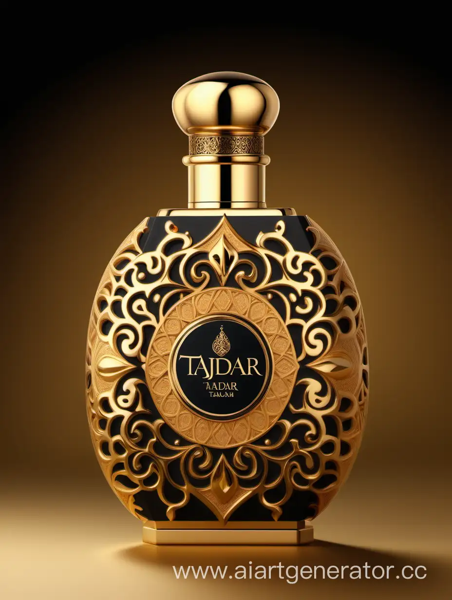 Box package design of perfume TAJDAR product, elegant, trending on artstation,   sharp focus,   studio photo,   intricate details,   highly detailed,   gold, Royal black and beige color on gold background