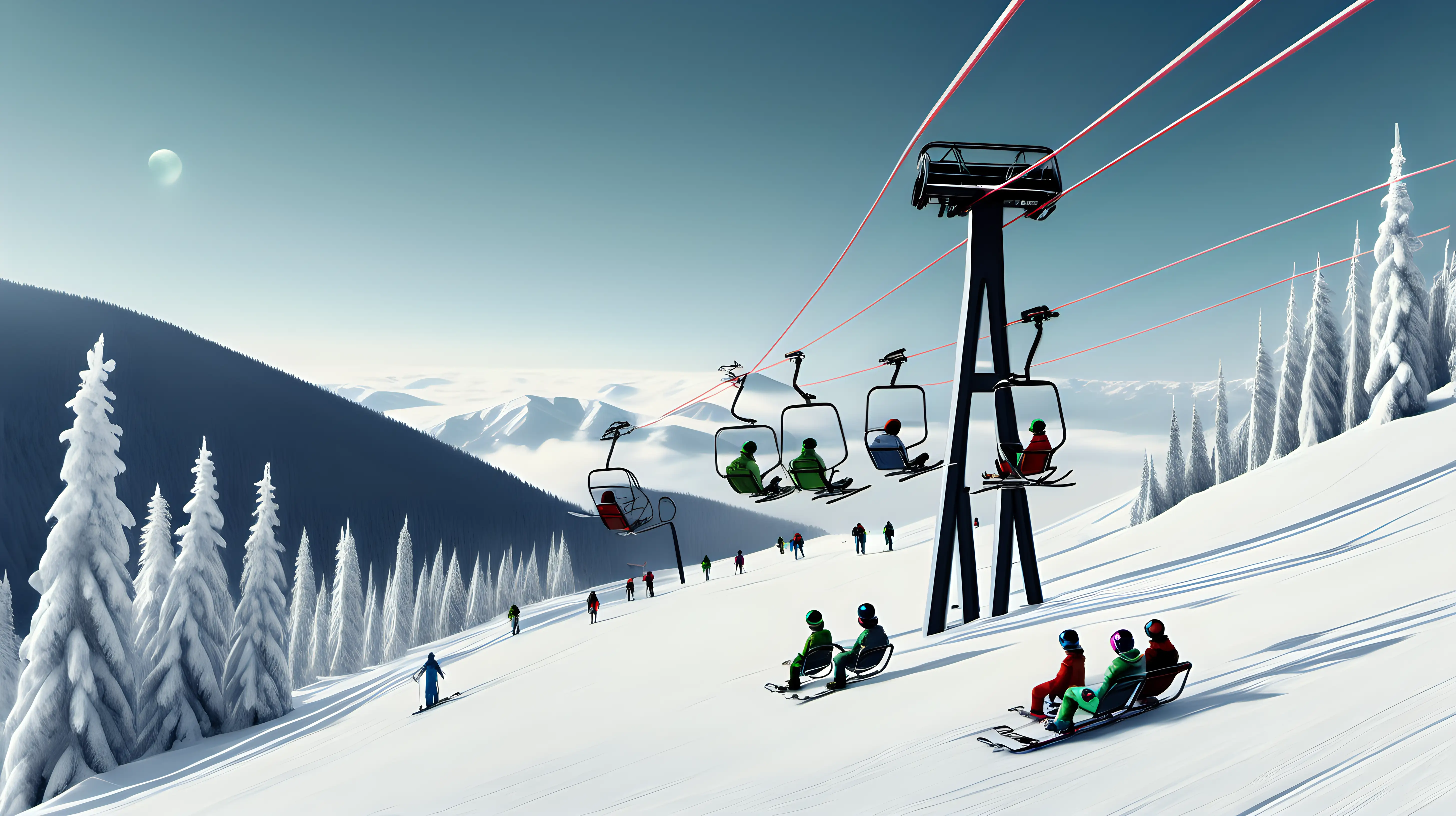 plusieurs aliens qui font du ski sur une piste sous un télésiège