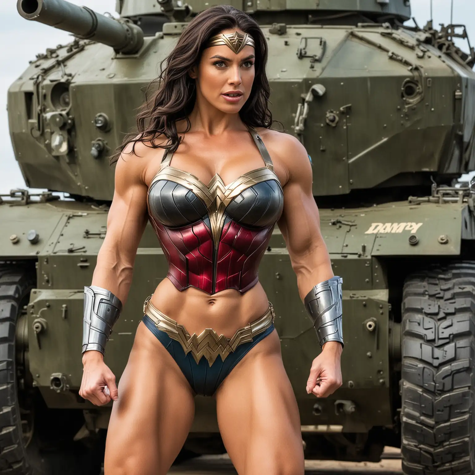 Very muscular wonder woman witth huge breasts , six pack abs, and bulging biceps wearing a bikini while lifting up an army tank
