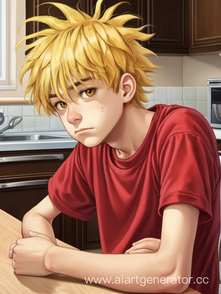 Embarrassed-Teenager-with-Disheveled-Yellow-Hair-in-Red-TShirt-at-Kitchen-Table