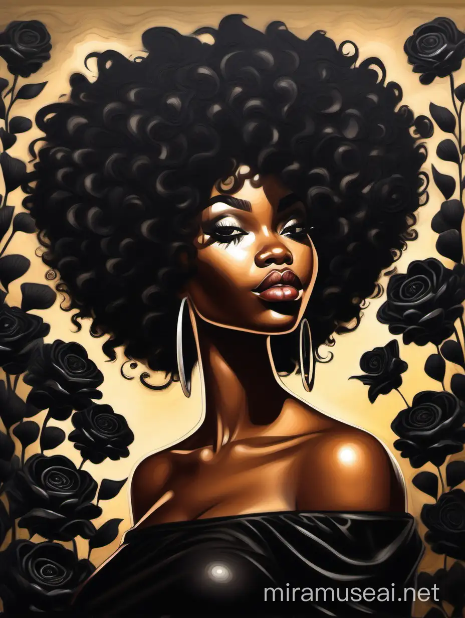 expressive oil painting cartoon art image of a curvy black female wearing a black off the shoulder blouse, looking down with prominent makeup, highly detailed tightly curly black afro, background of large black flowers surrounding her