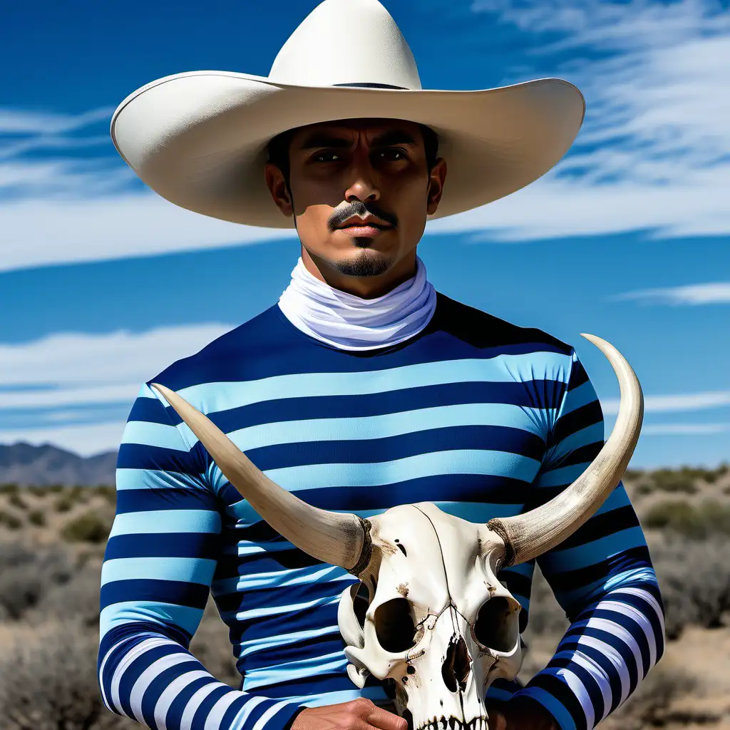 Charming Mexican Man Performs Magic with Long Cow Skull in Striped Costume