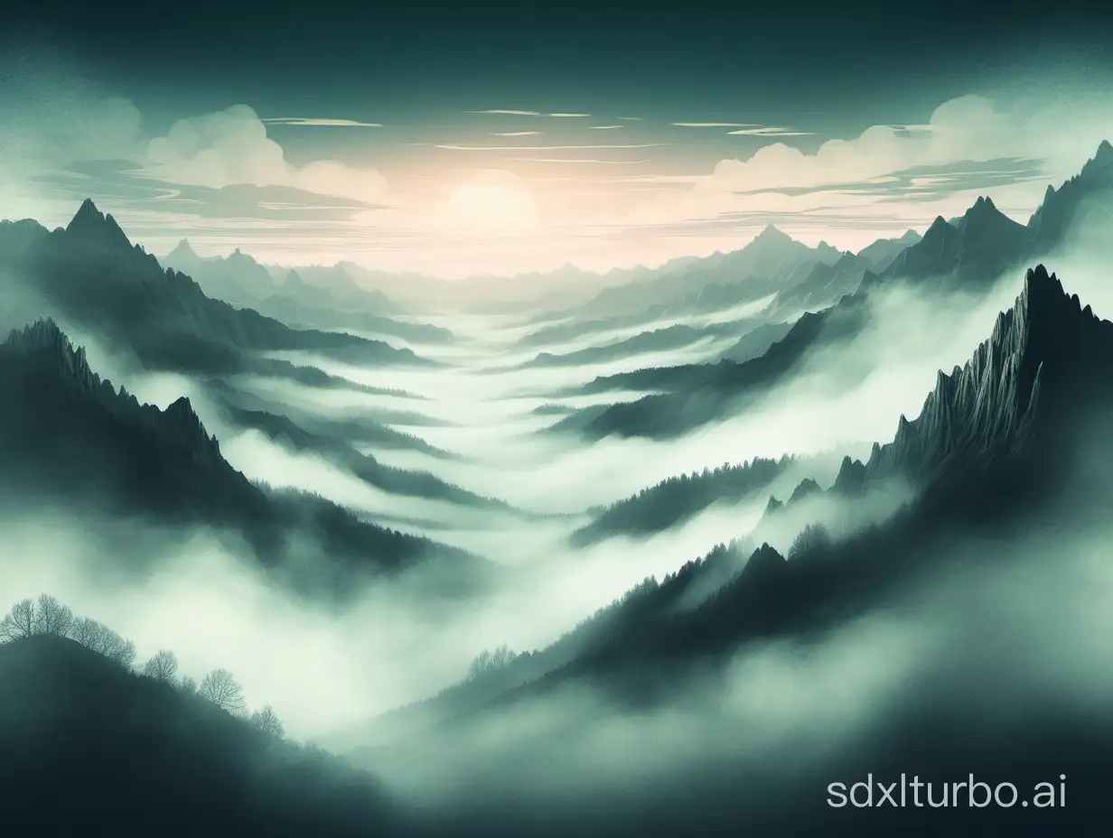 illustration of fog rolling over mountains dreamlike art