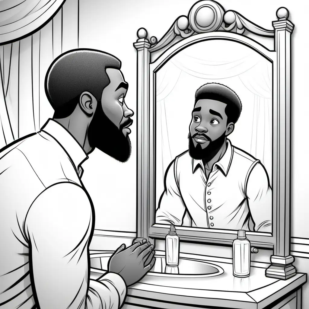 black and white, Disney style coloring page, young African American boy looking in a mirror seeing the reflection on an African kingly mature man with full beard, no shading, no dither, no fills