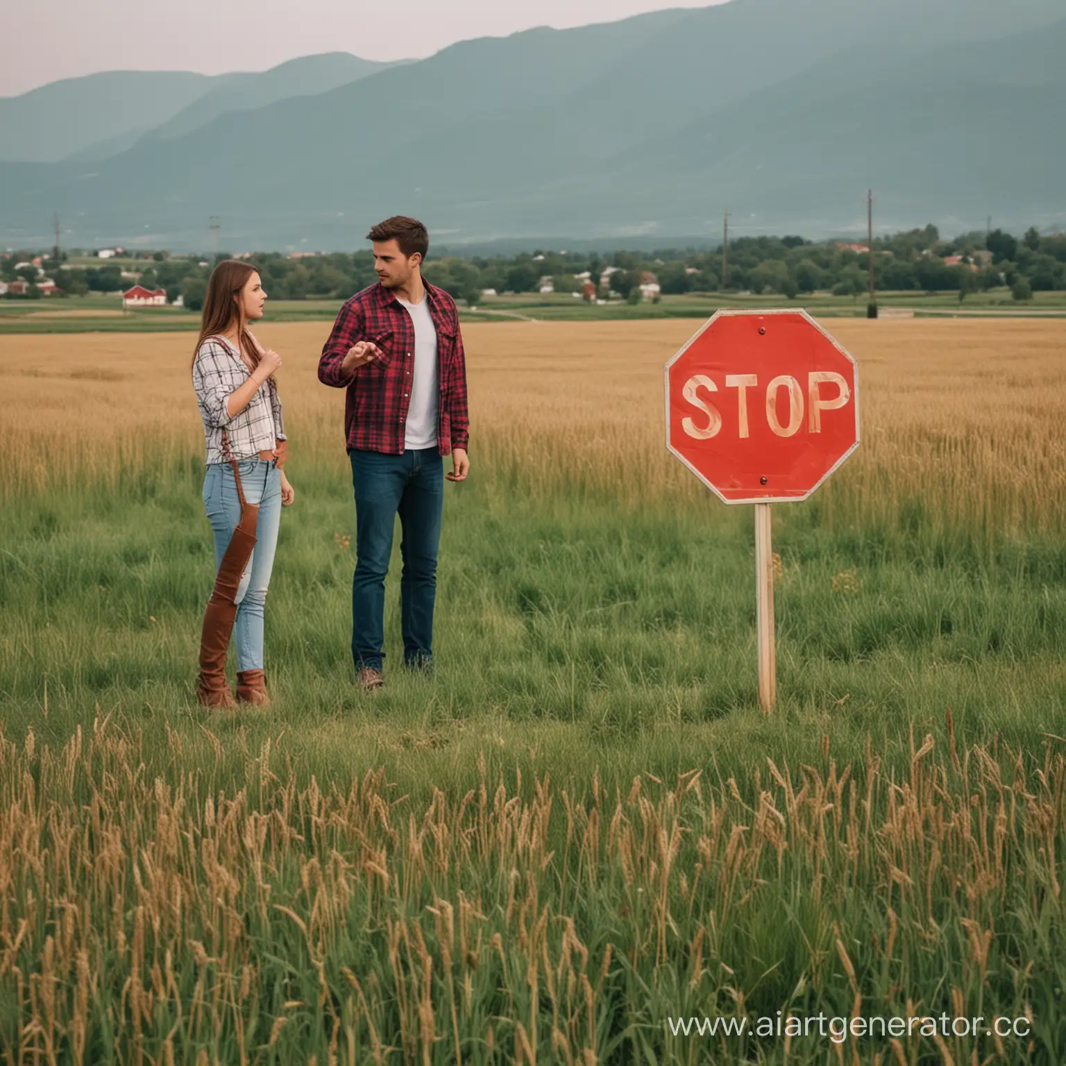 Man-Holding-Stop-Sign-Blocks-Girls-Path-in-Field