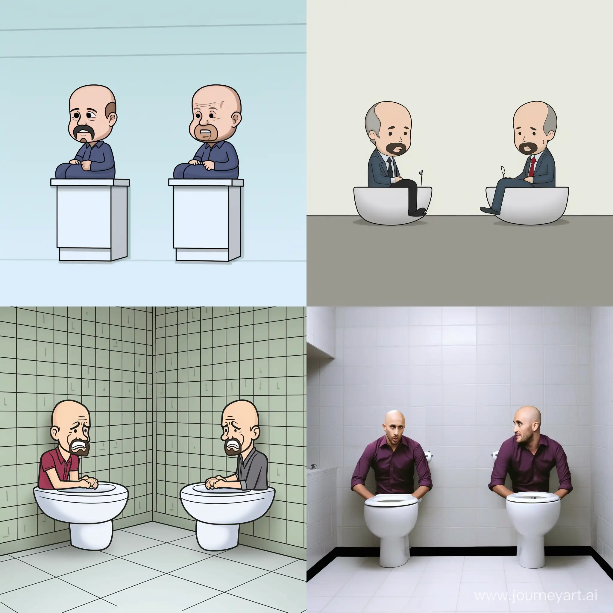 A funny comic picture about two guys who are sitting on toilets because they ate too much. the left guy is bald and the right guy is looking like ryan gosling