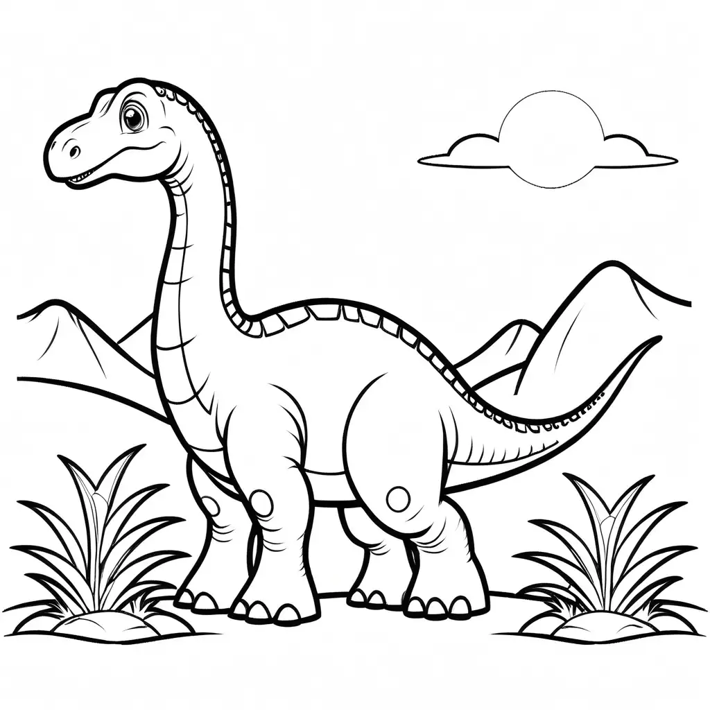 Cute brachiosaurus no background , Coloring Page, black and white, line art, white background, Simplicity, Ample White Space. The background of the coloring page is plain white to make it easy for young children to color within the lines. The outlines of all the subjects are easy to distinguish, making it simple for kids to color without too much difficulty