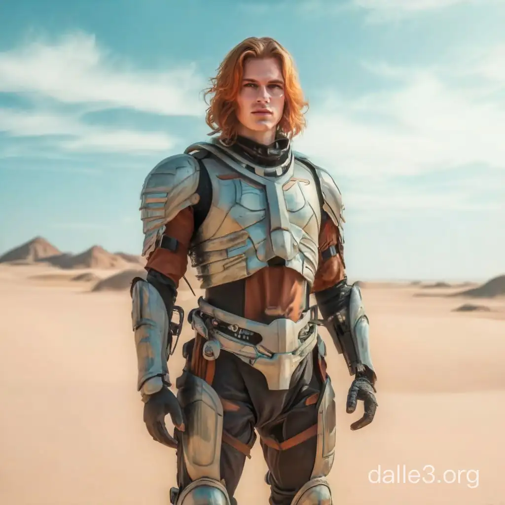 in full growth, style by midjorney, illustration, , a beautiful 18-old-year man in lightweight space protective space armor with a little long red hair in the foreground,  He holds the helmet in his hand,  large dunes,  sand,  river and palms in background,  beautiful,  sharpness,  romantic,  footprints in the sand,  fantastic,  photography,  close-up,  hyper detailed,  trending on artstation,  sharp focus,  studio photo,  intricate details,  highly detailed,  in the style of black and dark silver,  y2k aesthetic,  soft,  dream-like quality,  prince core,  smooth and shiny,  pensive poses,  precise detailing