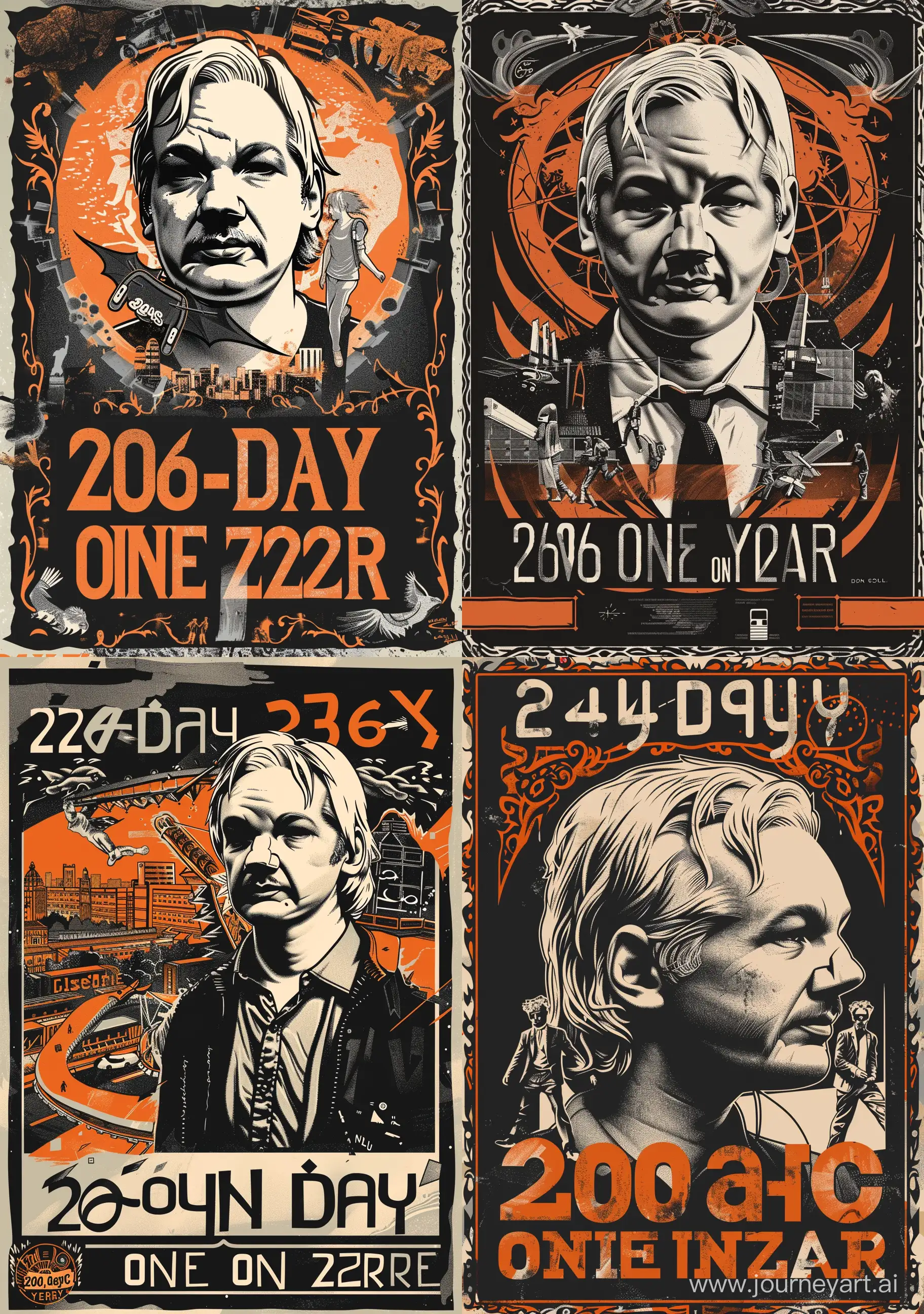 a chaos holding Julian Assange an ornate black and white poster featuring the words "365 DAYS ONE YEAR", in the style of dan colen, dark orange and red, depictions of urban life, dmitri danish, colorful composition, nul group, bold lettering --ar 45:64 --v 6
