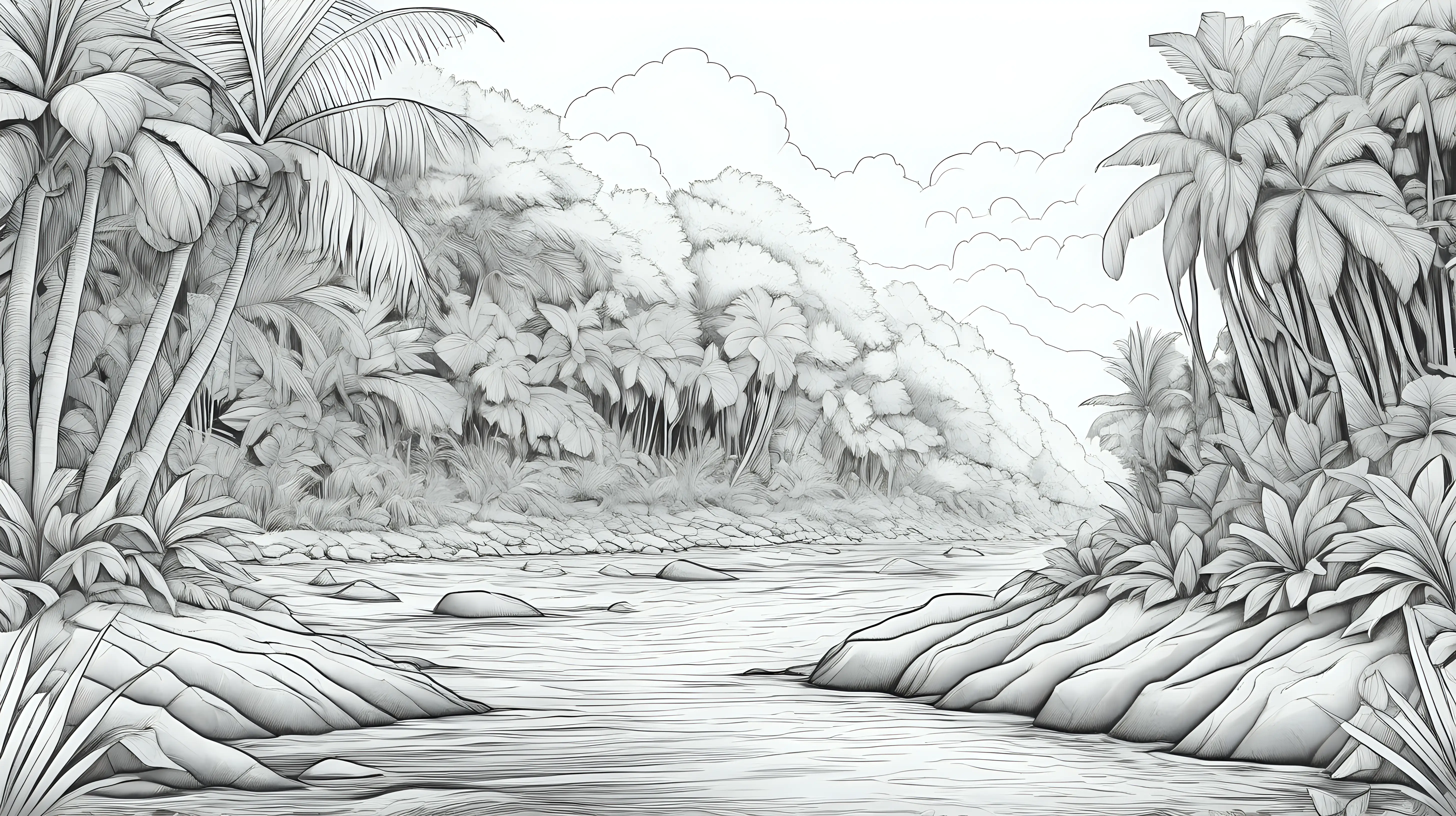 low detail coloring page of a tropical riverbank eroding