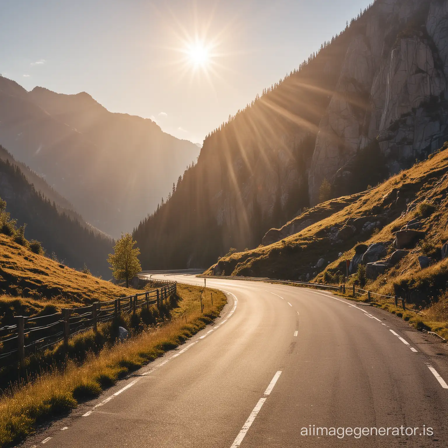 The road in the mountains is bathed in sunlight