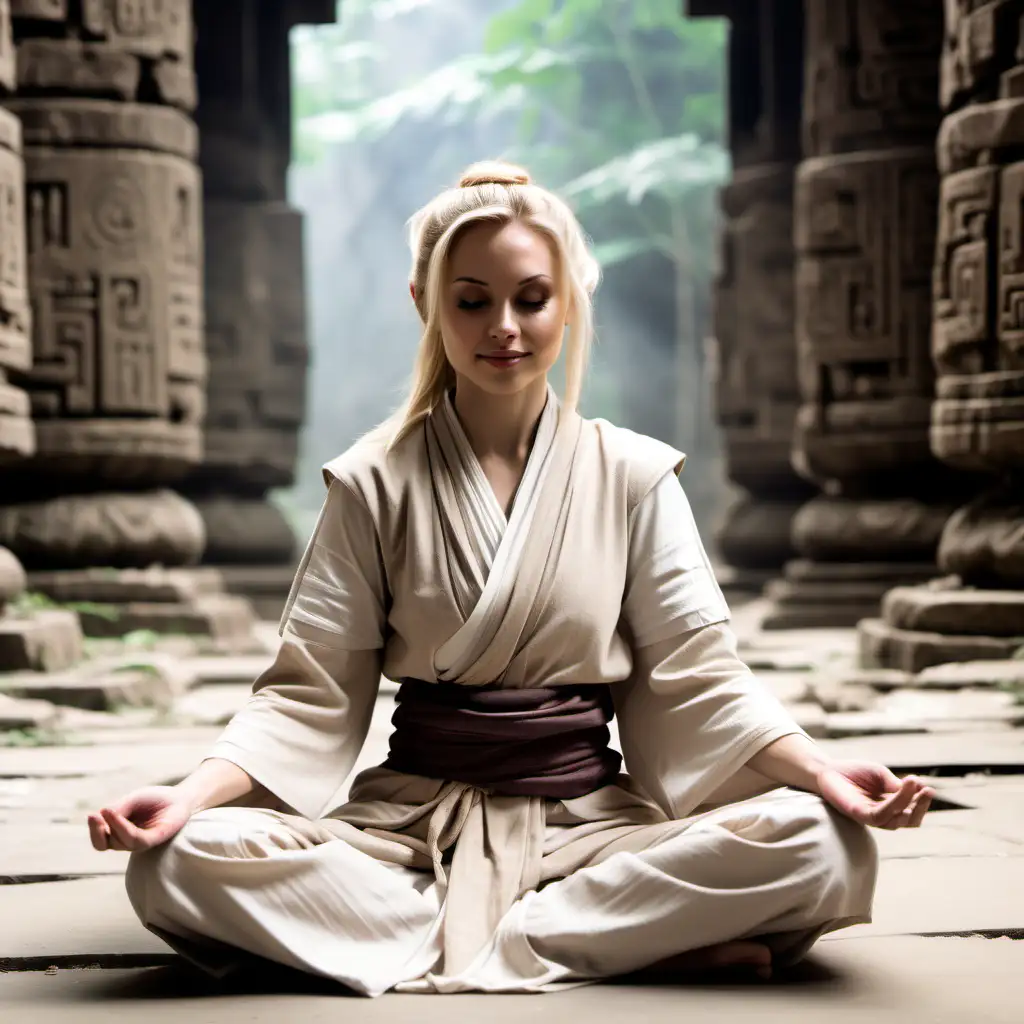 Blonde female Jedi in early 20's hair loosely tied with a light smile sitting in a meditation pose in temple ruins 