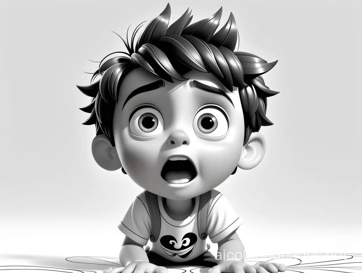3D PIXAR AND DISNEY CHARACTER cute SMALL BOY SURPRISED , , Coloring Page, black and white, line art, white background, Simplicity, Ample White Space. The background of the coloring page is plain white to make it easy for young children to color within the lines. The outlines of all the subjects are easy to distinguish, making it simple for kids to color without too much difficulty