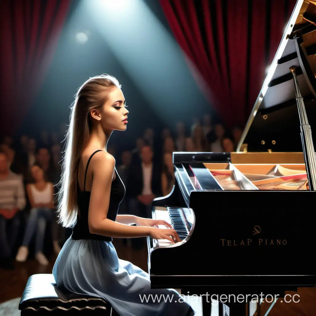 реалестичное изображение на тему красивая девушка за фортепиано всегда в моде. Выступает на сцене. Перед людьми.