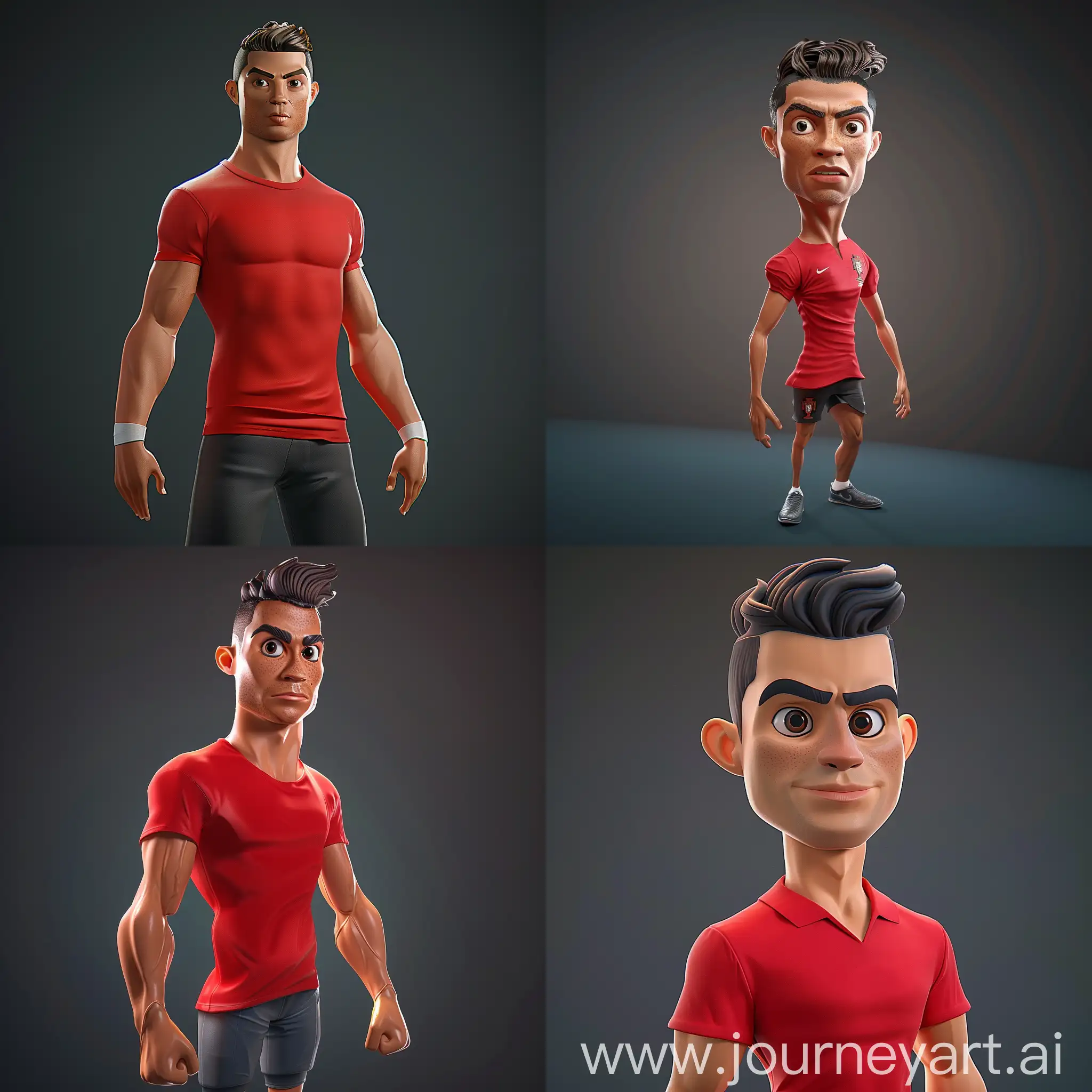 Full Body Cartoonic Character of Cristiano Ronaldo With Red T-shirt in 3d Style, 3d Render, Dark Background, Blender Software, High Quality