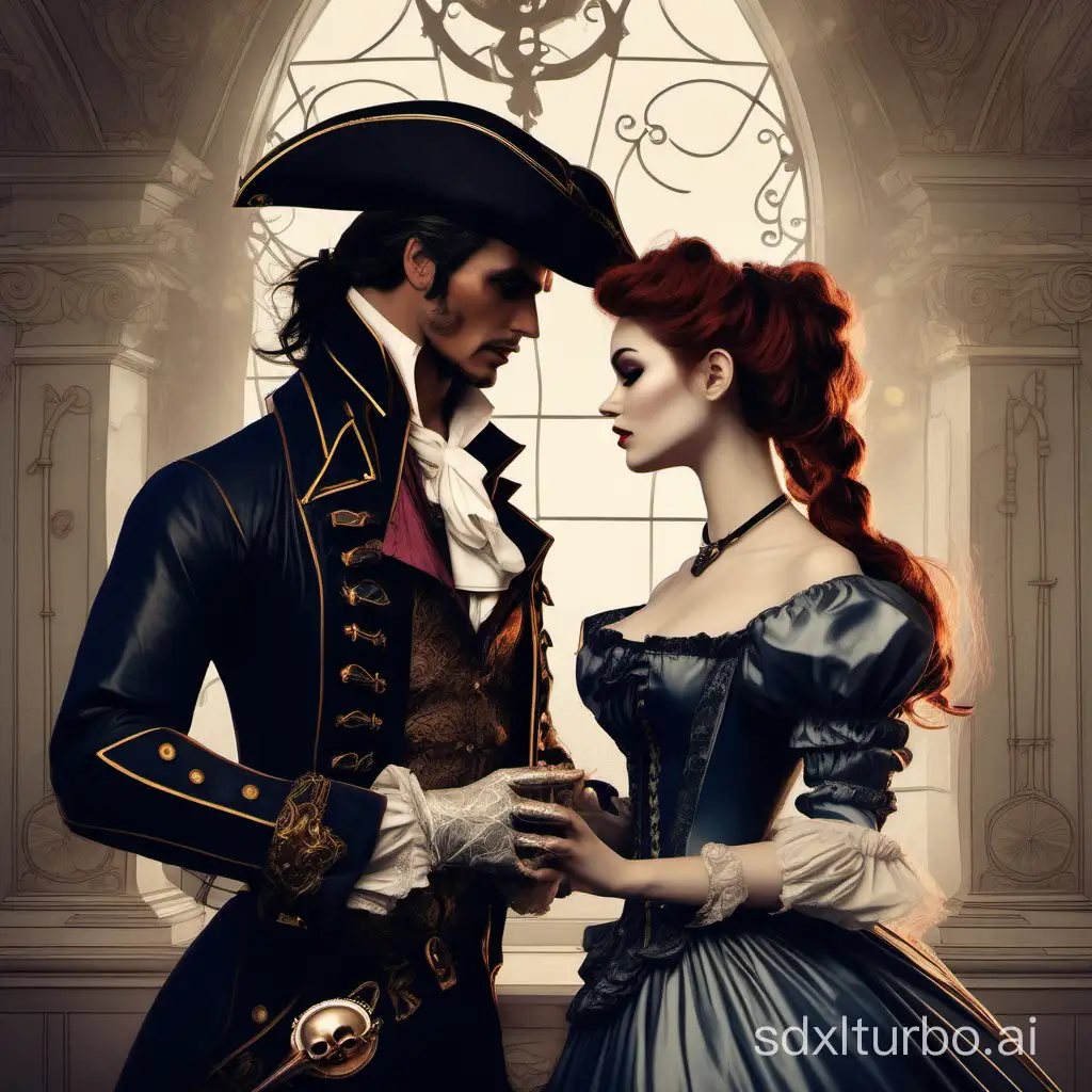 a man and a woman standing next to each other, a storybook illustration, cg society contest winner, gothic art, a beautiful Victorian woman, handsome and elegant, swashbuckling and romantic, detailed and beautiful faces, Belle, Valentina Remenar