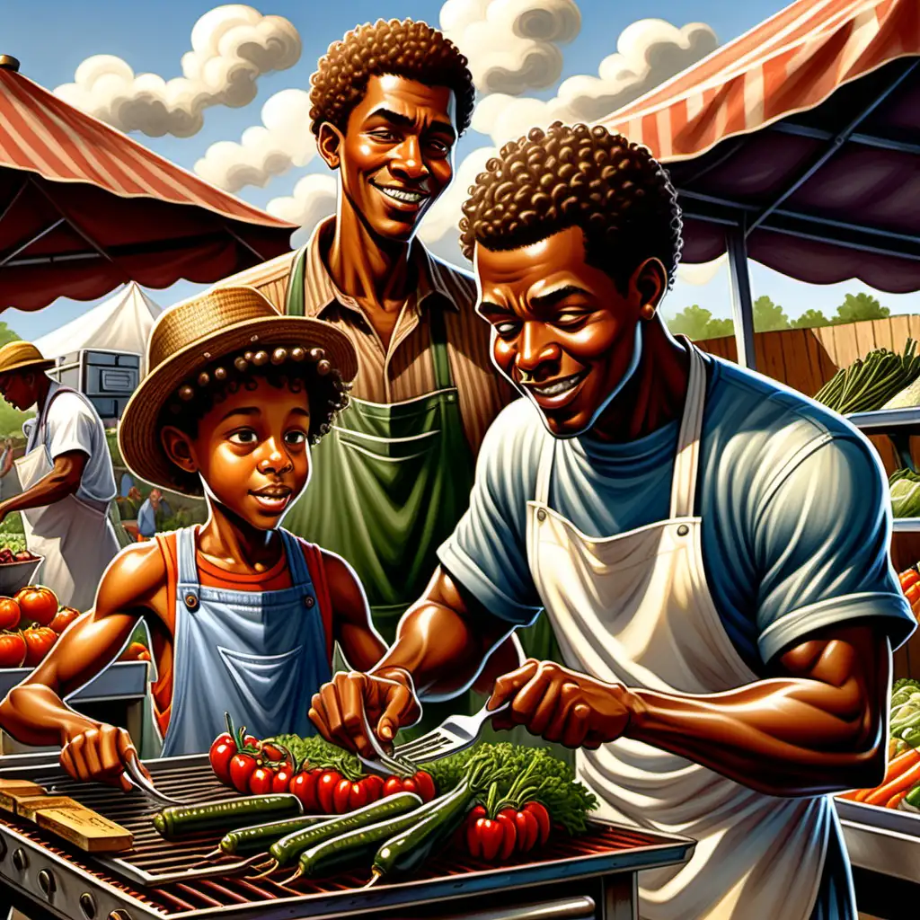 cartoon ernie barnes style african american 10 year old boy with curly hair helping his father with short hair grill vegetables from the farmer's market 