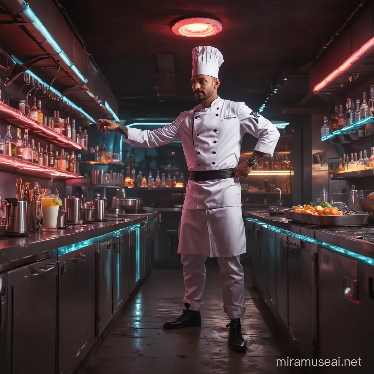 a chef making cocktail in a dynamic pose  in a futuristic underground restaurant in 2049 in goa wearing a neon chef uniform 