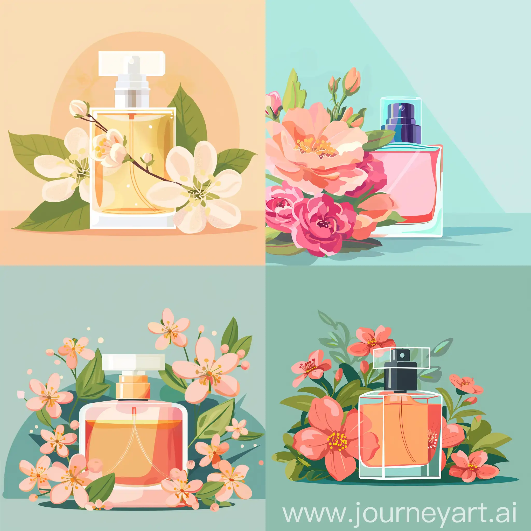 Flat illustration of close-up perfume, flowers in full bloom beside, high definition, high quality details