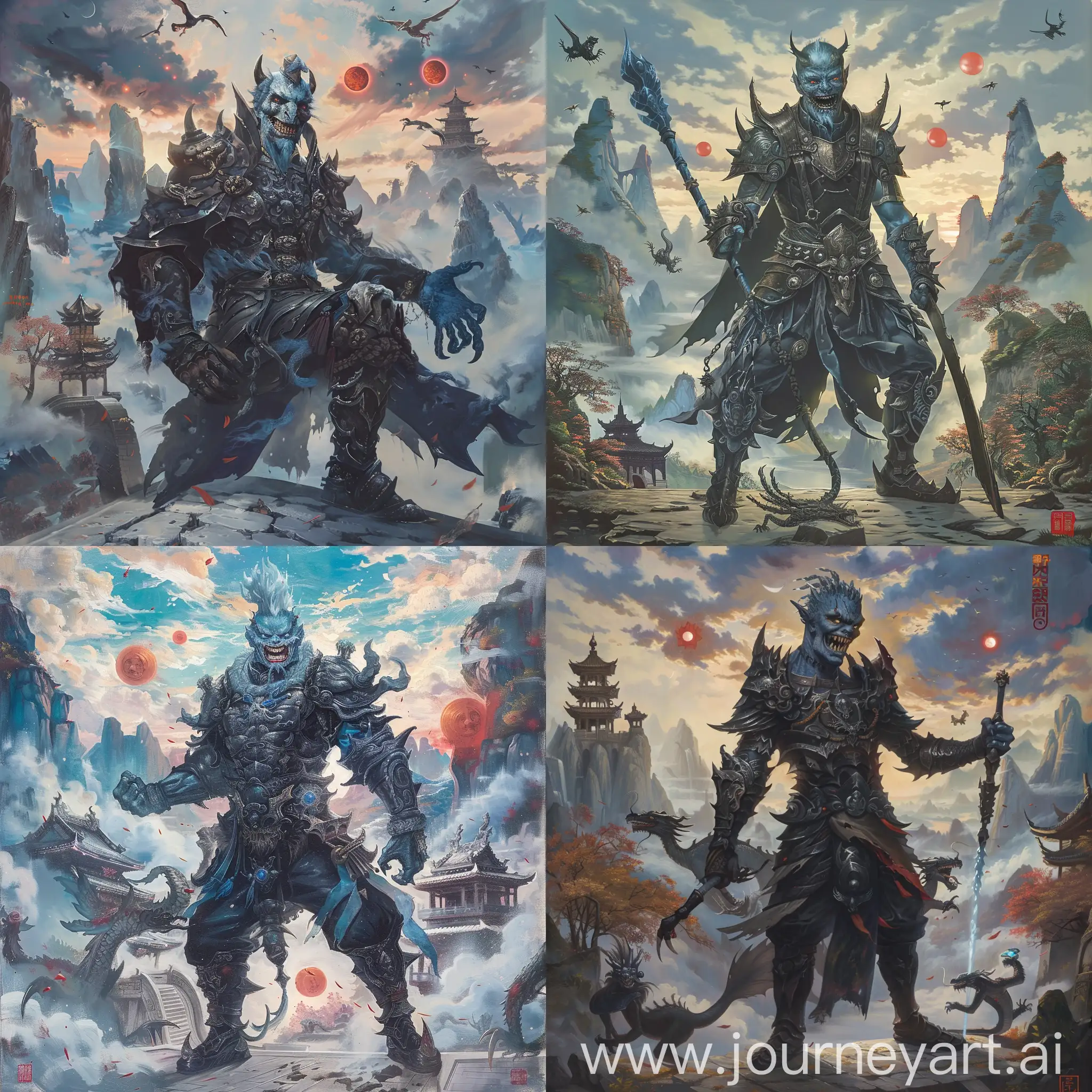 Historic painting style:

a blue skin Night King, he has an evil smile, he is in black color medieval Chinese style armor and boots, he holds a Chinese iced sword in right hand, 

Chinese Guilin mountains and temple as background,  evil iced dragons and three small red blood suns in cloudy sky.