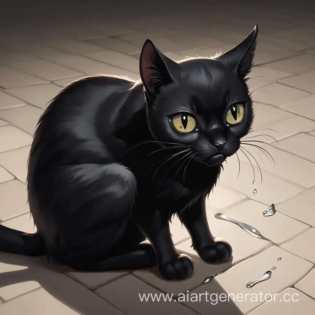 
Черная кошка боится и плачет