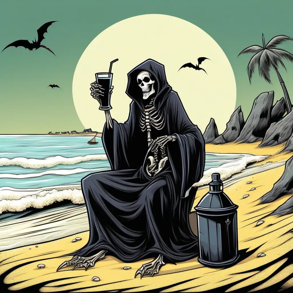 The Grim Reaper sitting on a beach with a drink in his hand, cartoon-style,

