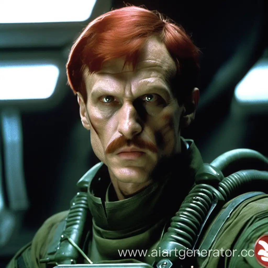 Russian soldier from the movie Alien, with short red hair, with short red mustaches, elongated face