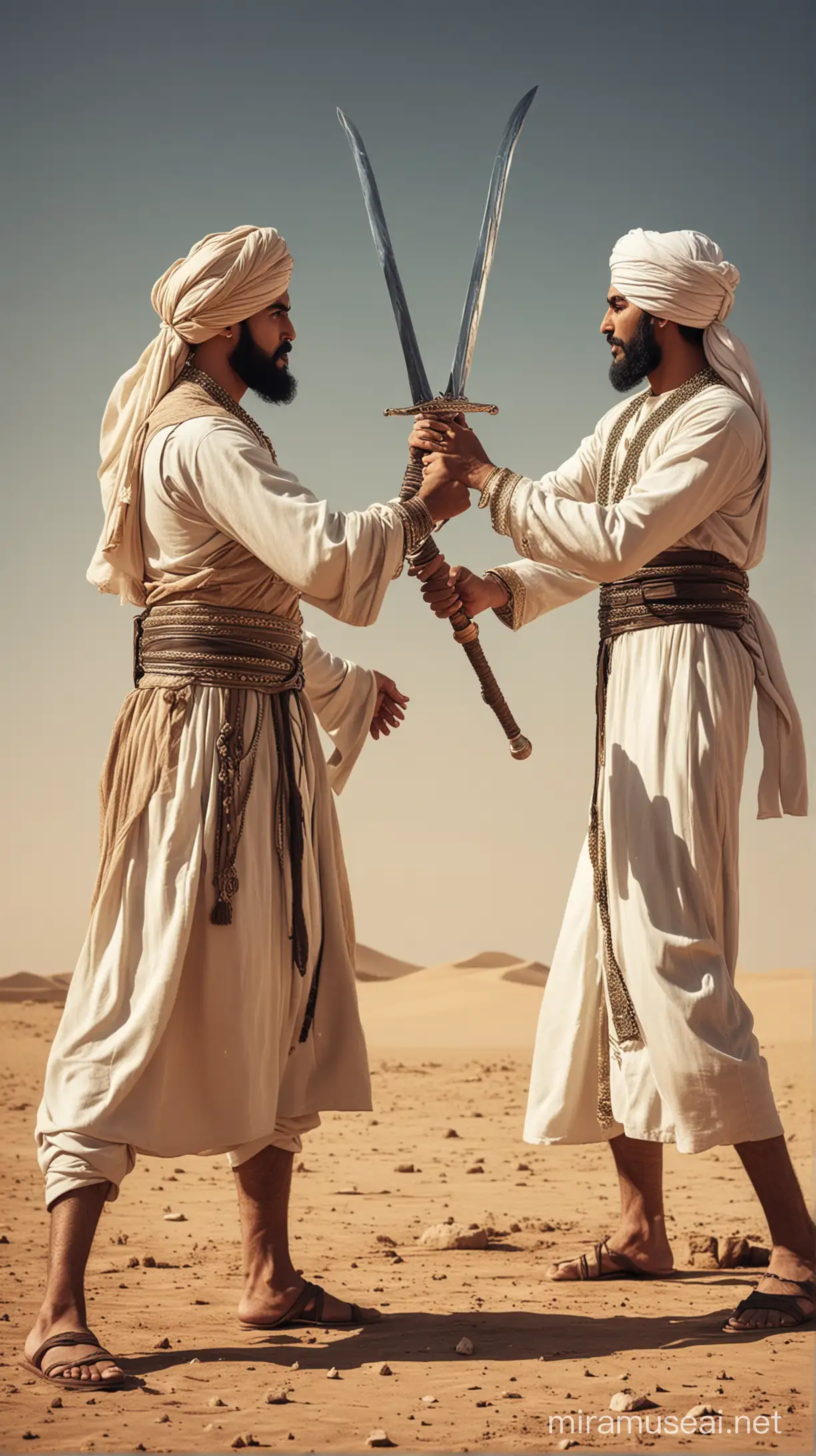 Two Man fighting with eachother ,similar to each other  in the  mirror ,holding sword in his hand like in a battle field, wearing arabic turban and long dress of Arabs , style like a painting