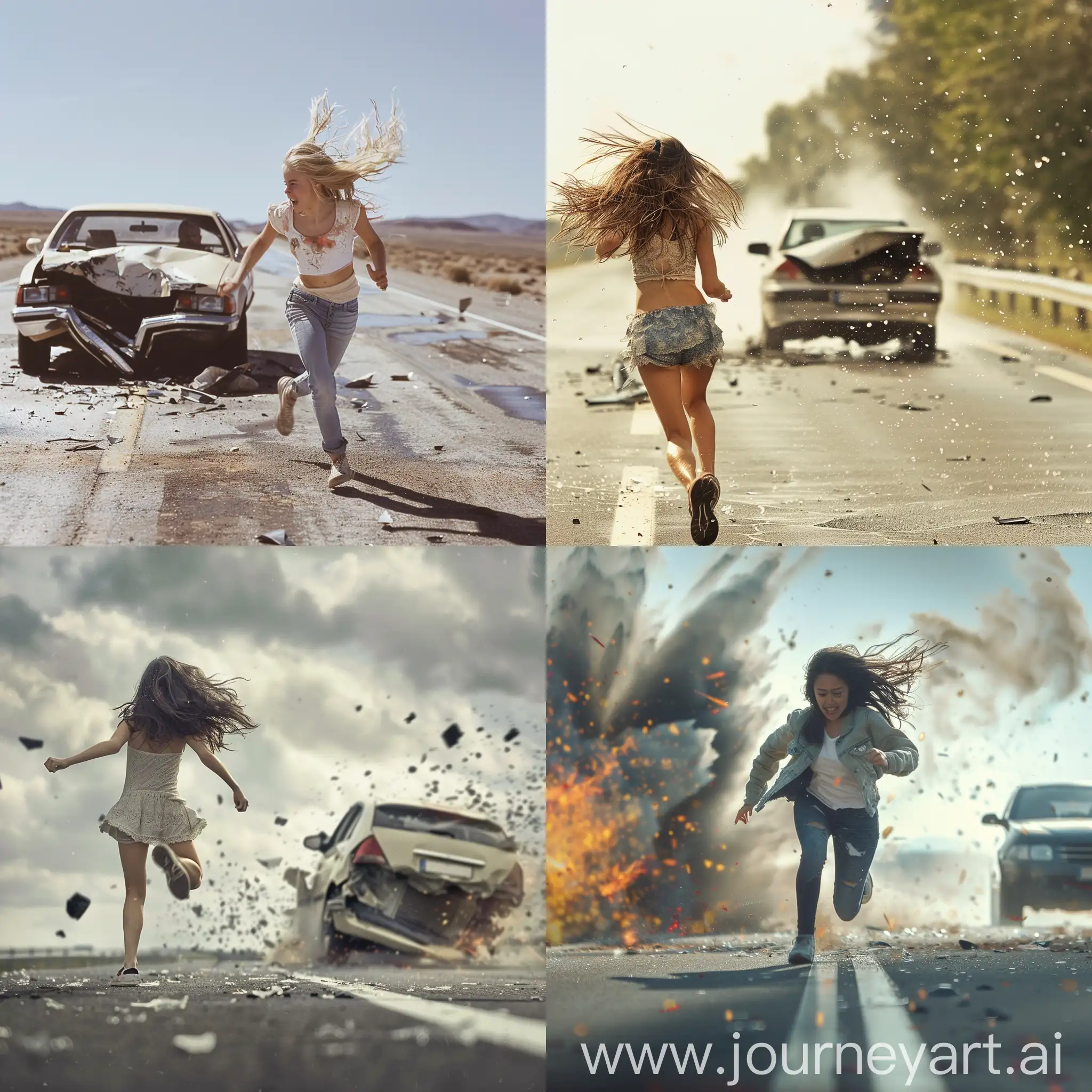a girl run on the road,car crash