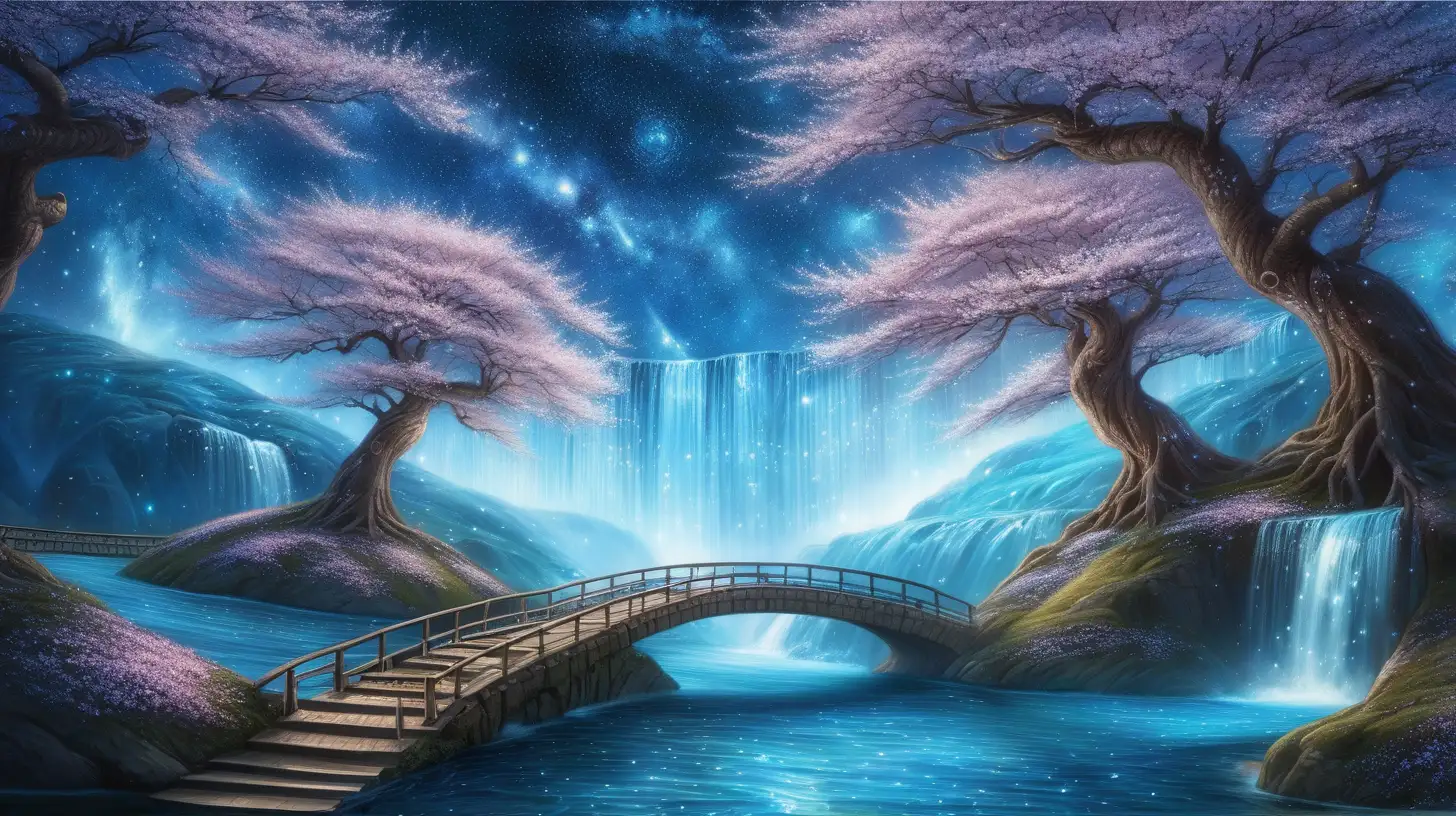 fairytale magical "blue cherry blossom trees" forming a way to outer space and stars surrounded by waterfalls