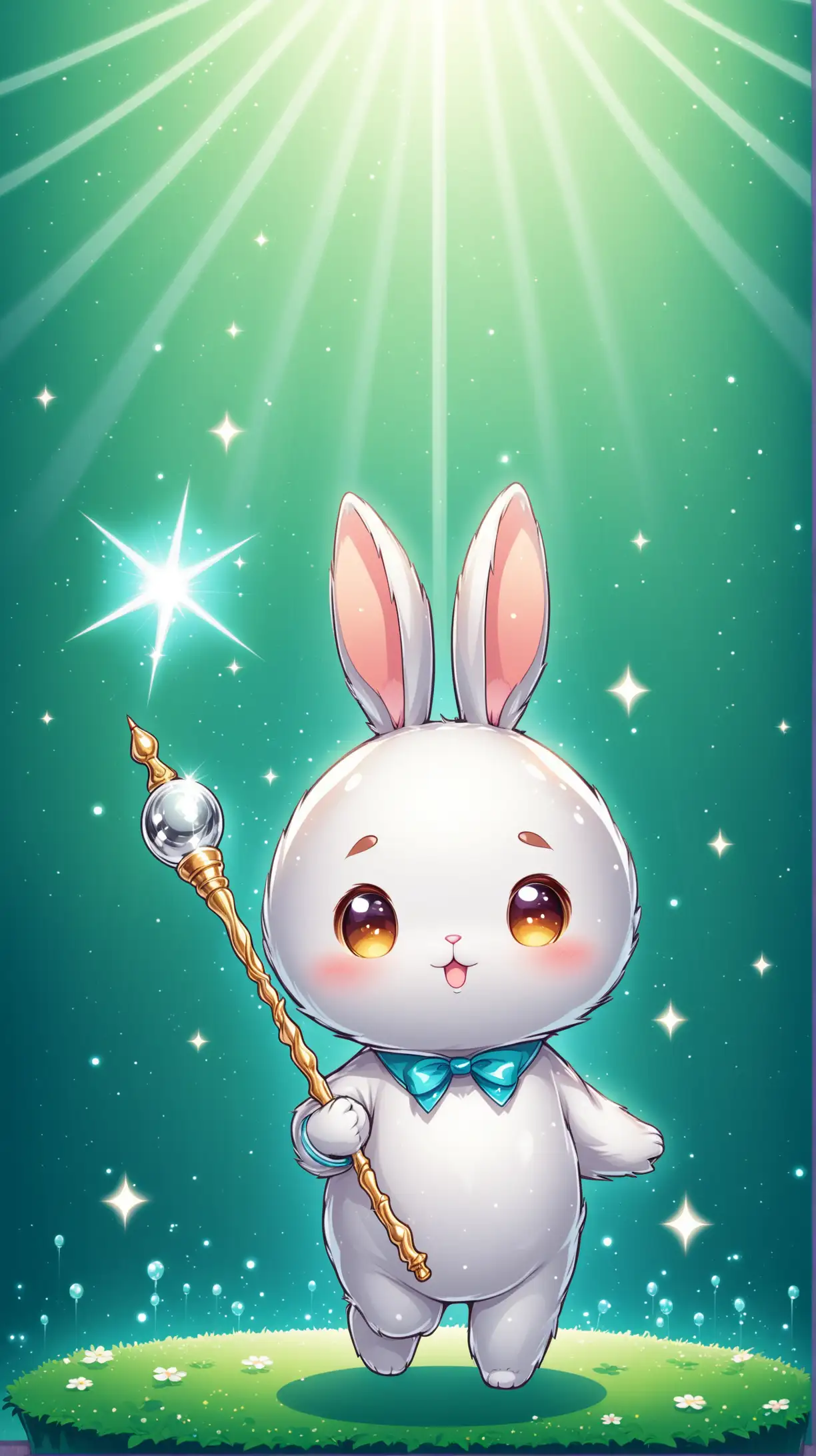 Cute rabbit cartoon character whose body is made from silver , carry wand, mysterious background 