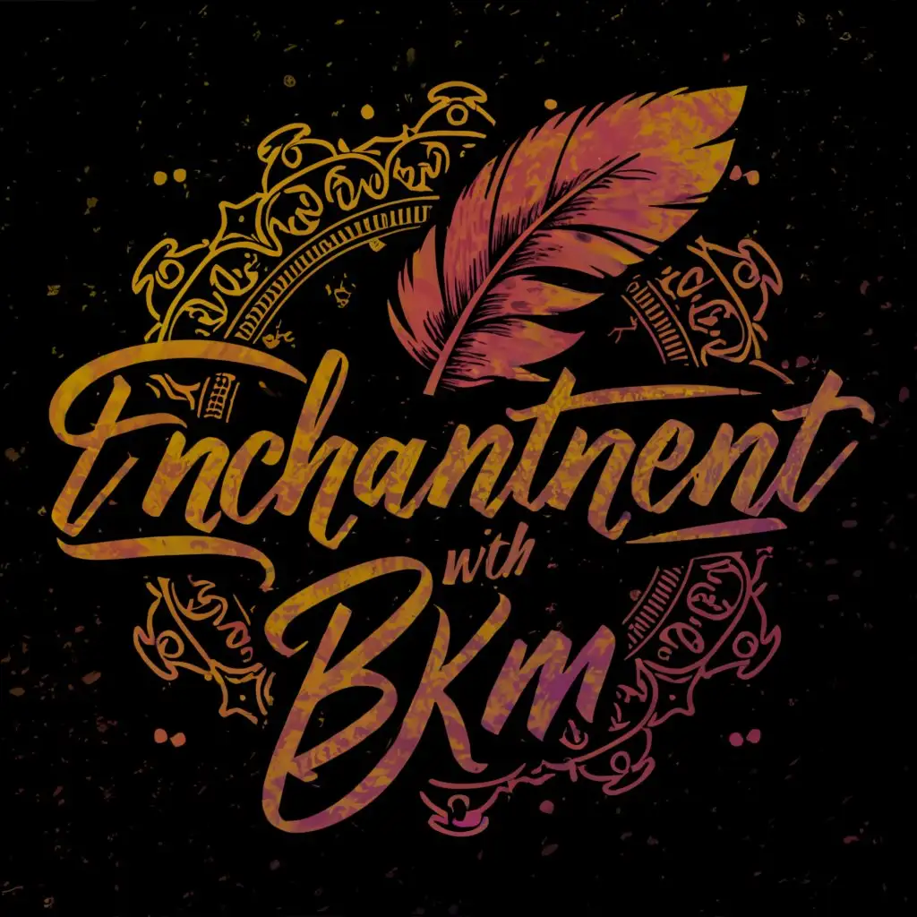 a logo design, with the text 'Enchantment with BKM', main symbol: red feather, complex, to be used in Entertainment industry, clear background, purple astrological symbol circle background