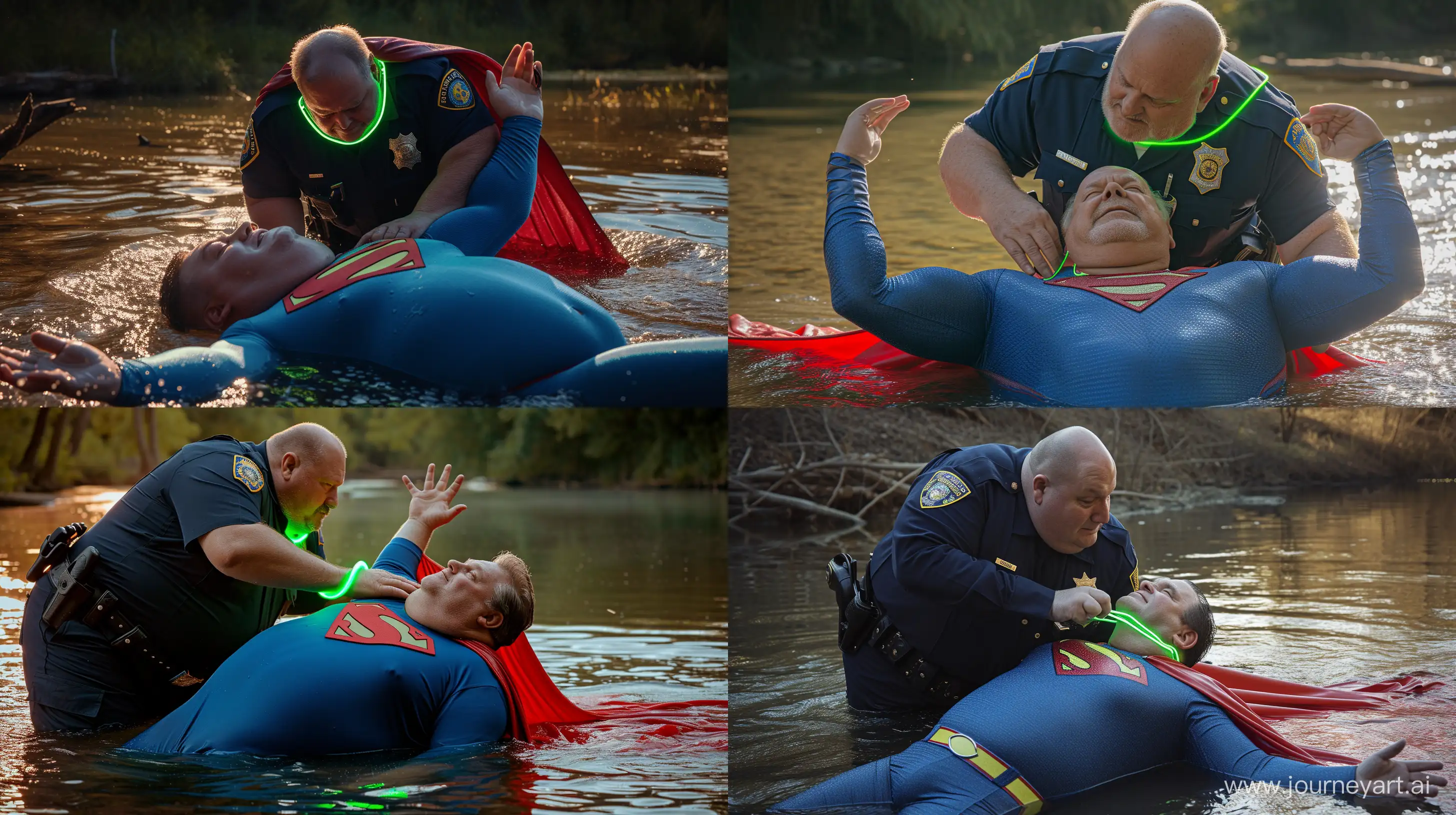 Close-up photo of a fat man aged 60 wearing a navy police uniform. Bending behind and tightening a tight green glowing neon dog collar on the nape of a fat man aged 60 wearing a tight blue 1978 smooth superman costume with a red cape lying in the water with his hands up. Natural Light. River. --style raw --ar 16:9