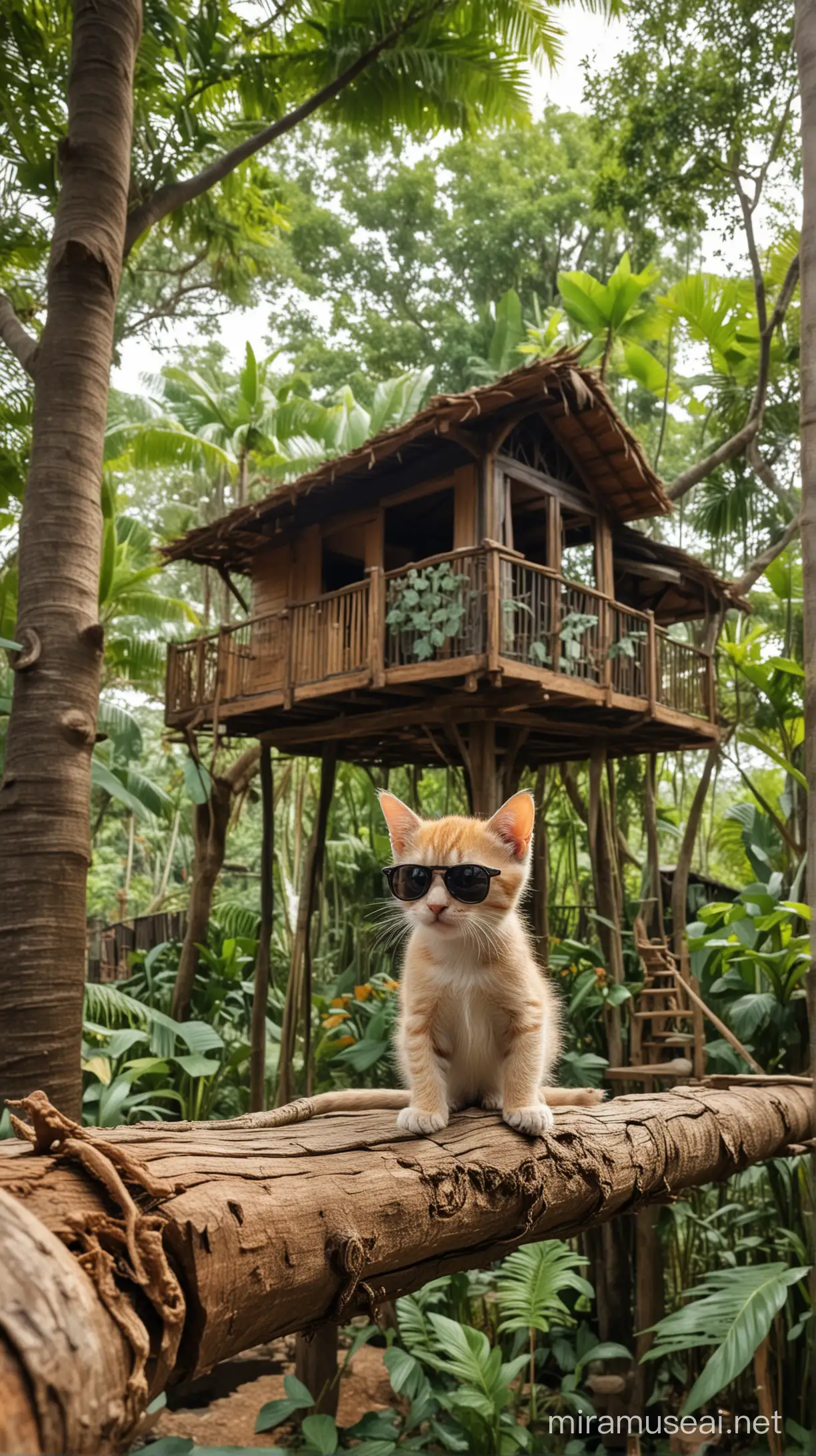 Маленький котенок на Бали улыбается он очень счастлив на фоне вдалеке красивый домик на дереве много зелени джунгли прыгают обезьяны природа у него на глазах черные солнцезащитные очки