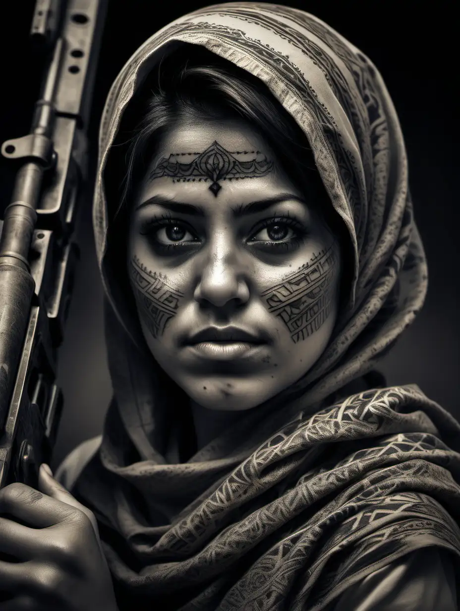 (cinematic lighting), Amidst the challenges of Iraq, a courageous beautiful young woman stands as a symbol of resilience and determination. Her unwavering spirit is reflected in the lines etched on her face, revealing a story of struggle and triumph. Dressed in attire that reflects both tradition and defiance, holding a ak47 rifles, she moves with purpose through the arduous landscapes, embodying the strength of a freedom fighter. Her eyes, filled with conviction, speak of a commitment to justice and the pursuit of a better future for her people. In the tumultuous tapestry of Iraq, she stands as a beacon of hope and inspiration, a fearless advocate for the cause of freedom,(--tattoo), intricate details, detailed face, detailed eyes, hyper realistic photography, (--v 5)