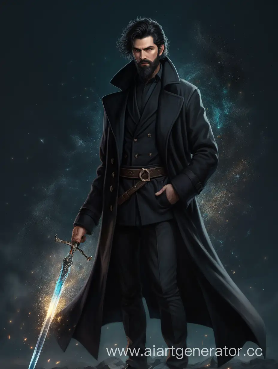 Мужчина с короткой стрижкой, растрепанными волосами чёрного цвета. Борода. Пальто чёрное. В руках магический меч. Мистик