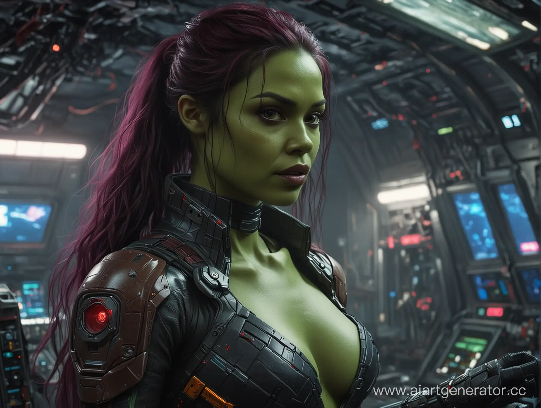 Naked Gamora from the movie Guardians of the Galaxy in the cyberpunk style at the helm of a spaceship. F/22. 8K.