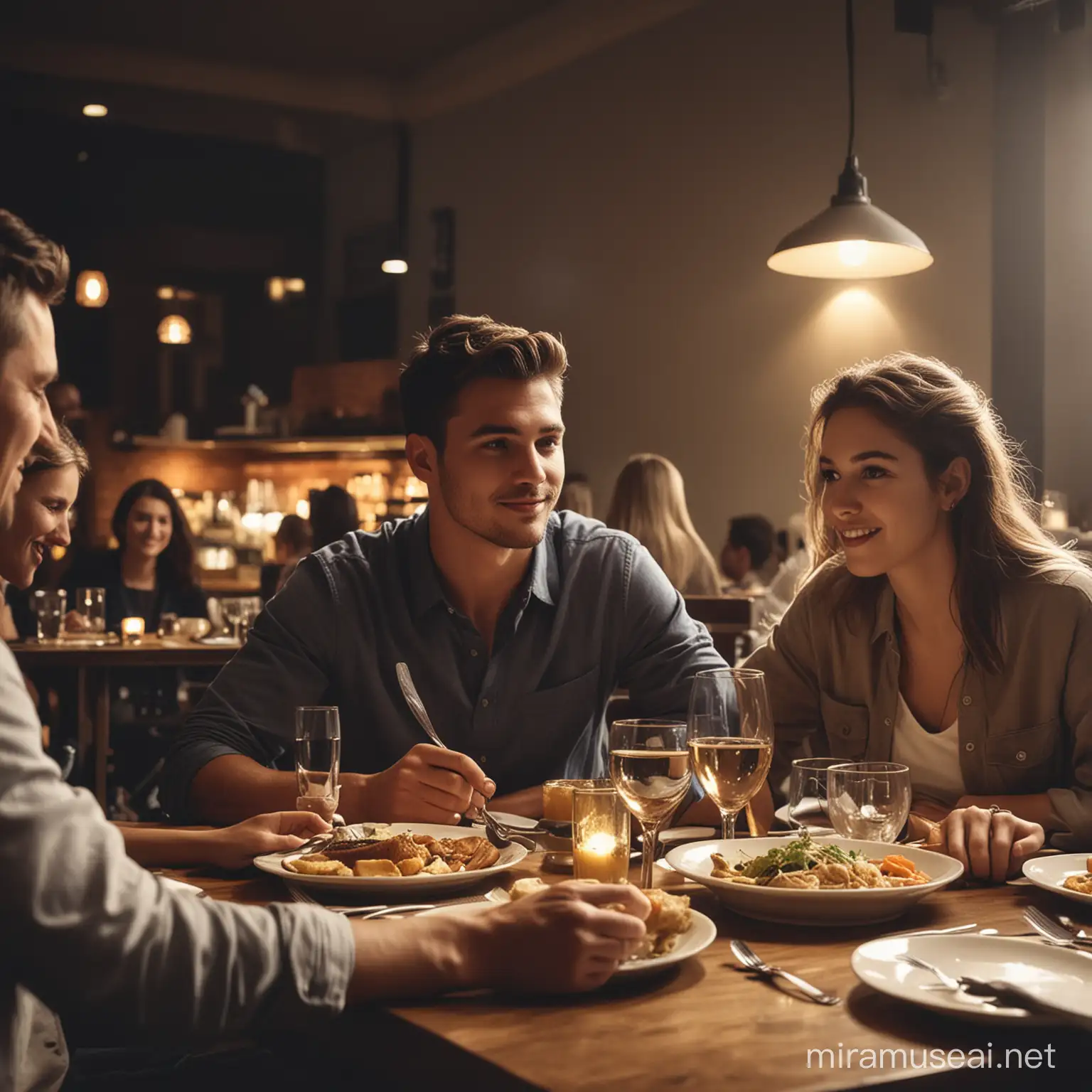 young man sitting with family together eating dinner in restaurant, low lighting
