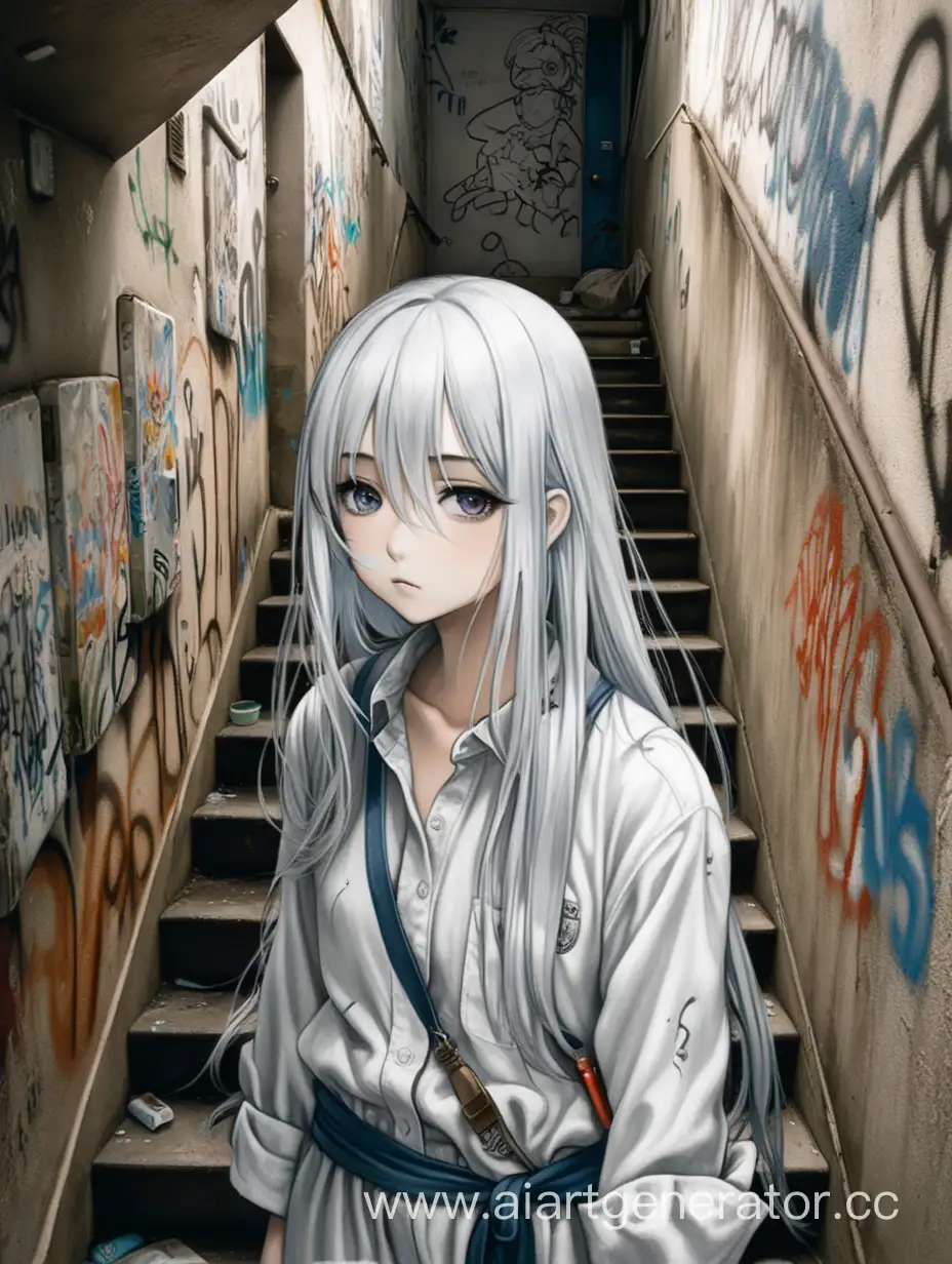 Lonely-Anime-Girl-in-Urban-Gloom-WhiteHaired-Beauty-Amidst-Graffiti-and-Desolation