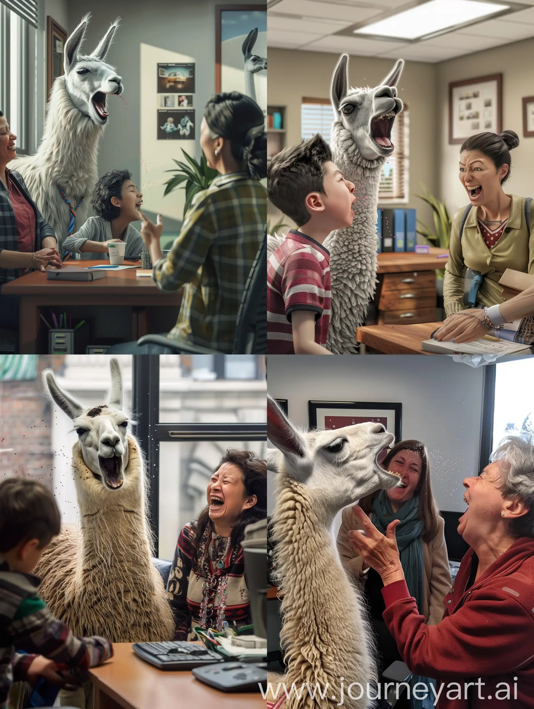 Llama-Spits-on-Boy-in-Office-while-Aunt-Laughs-Realistic-Scene-with-Llama-in-Girl-Clothes