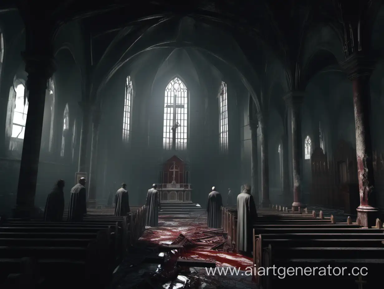 dilapidated dark church, inside people are trying to grab the bloody priest, 4k, ultra-realistic, high detail