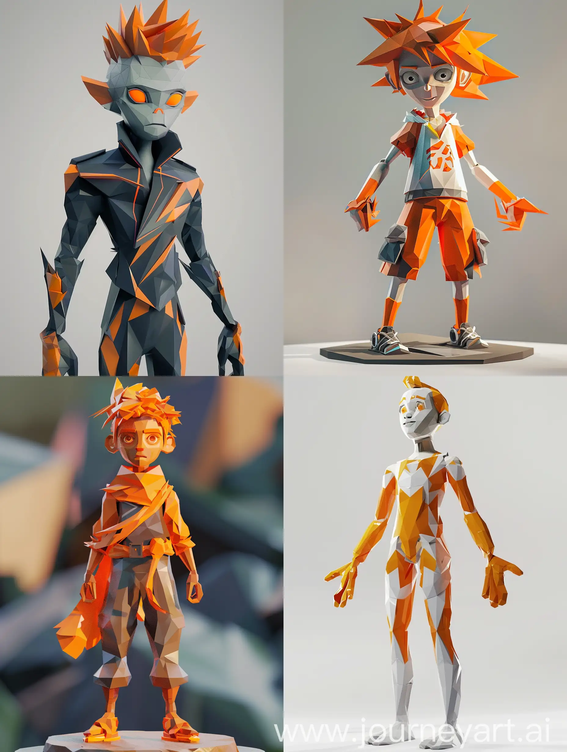 3d lowpoly stylized character with orange toons, blender model, 8 styles display